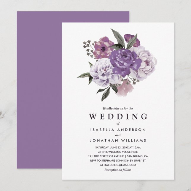 Elegante romantische Hochzeit mit floralen Wasserf Einladung (Vorne/Hinten)