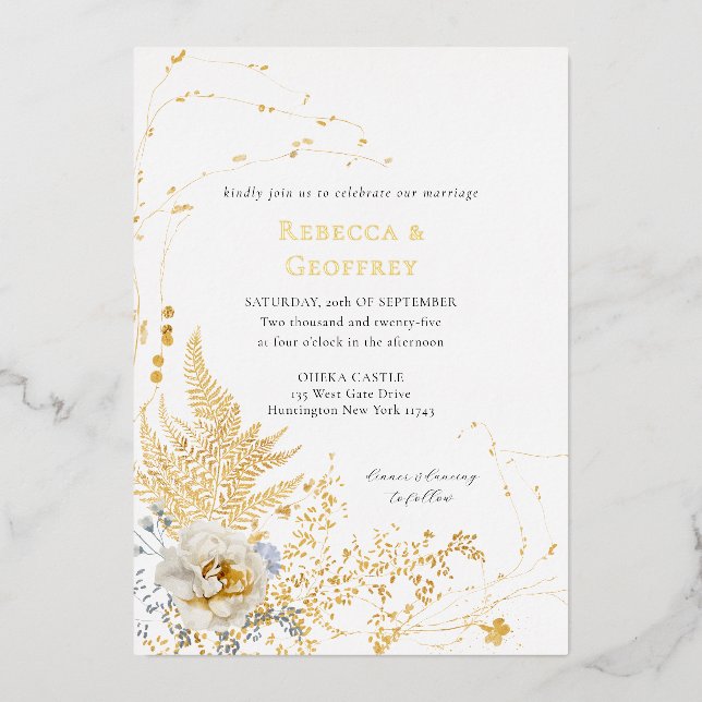 Elegante romantische Hochzeit mit floraler Wasserf Folieneinladung (Vorderseite)