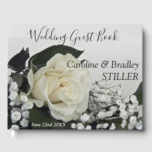 Elegante romantische Hochzeit mit weißer Rose Gästebuch (Vorderseite)