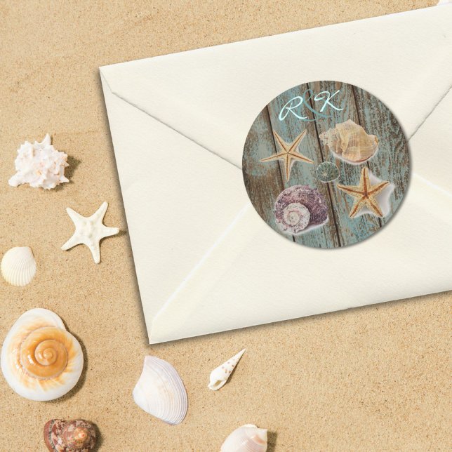 elegante romantische Hütte Muscheln Strandhochzeit Runder Aufkleber (elegant romantic cottage seashells beach wedding classic round sticker)