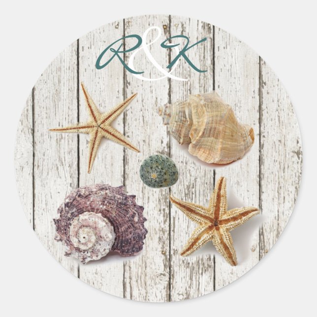 elegante romantische Hütte Muscheln Strandhochzeit Runder Aufkleber (Vorderseite)