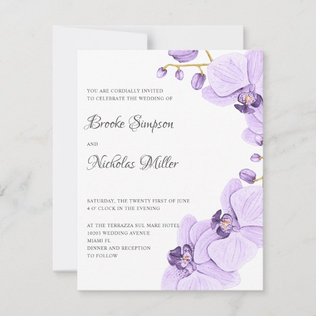 Elegante romantische Lila Orchidee Einladung (Vorderseite)