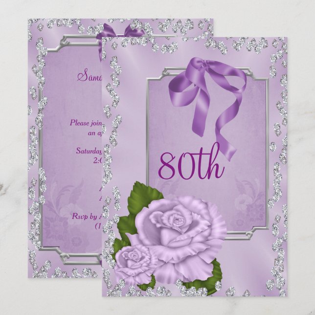 Elegante romantische Lilac Rose & Bows 80. Einladung (Vorne/Hinten)