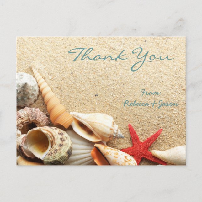 elegante romantische Muscheln Strand Hochzeit dank Postkarte (Vorderseite)