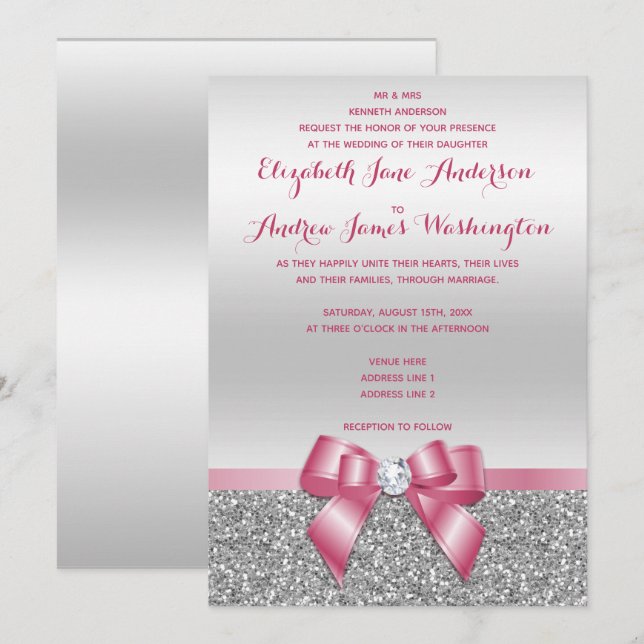 Elegante romantische Rosa Glitzer Hochzeit & Silbe Einladung (Vorne/Hinten)