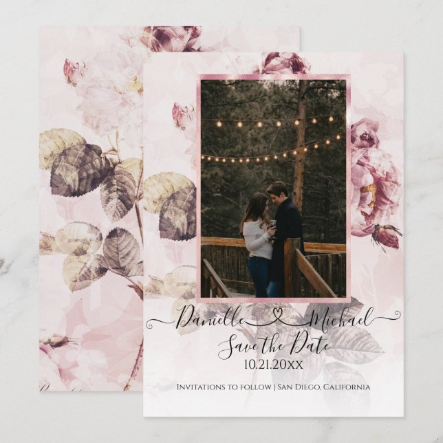 Elegante Romantische Rose Blumenschrift Foto Herz Save The Date (Vorne/Hinten)