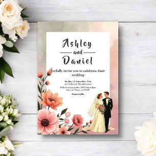 Elegante Romantische Rosen Braut Bräutigam Florale Einladung