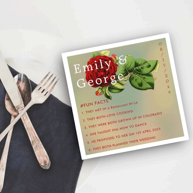 Elegante Romantische Rote Rose Blumenfreund Fakten Serviette (Von Creator hochgeladen)