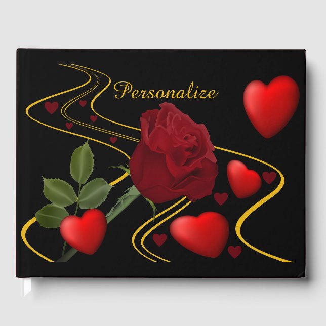 Elegante Romantische Rote Rose Hört Gold Akzent Gästebuch (Vorderseite)