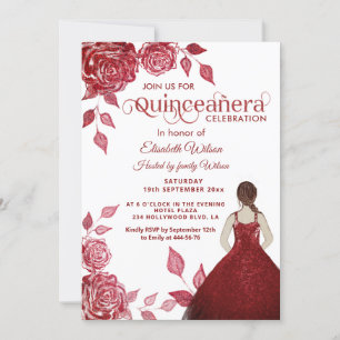 Elegante romantische rote Rosen Quinceañera Einladung