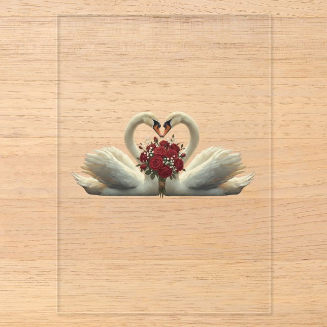 Elegante romantische Schwäne & rote Rosen - Valent Acryleinladungen (Vorderseite)