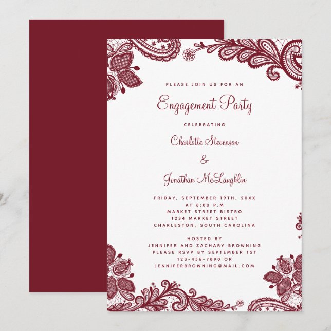Elegante Romantische Spitzen-Engagement Partei Red Einladung (Vorne/Hinten)