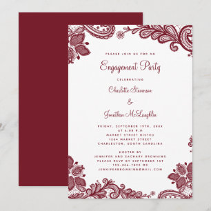 Elegante Romantische Spitzen-Engagement Partei Red Einladung