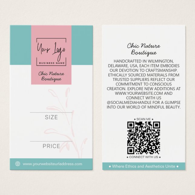 Elegante Rosa & Aquamarine botanische Preis-Kennzi (Vorne & Hinten)