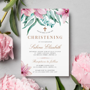 Elegante rosa Aquarell-Blumen-Taufe Einladung