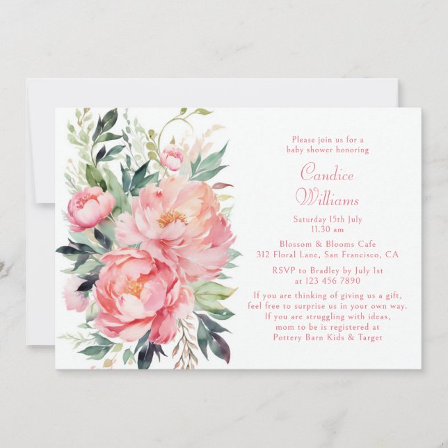 Elegante rosa Aquarell Blumenpaare Babydusche Einladung (Vorderseite)
