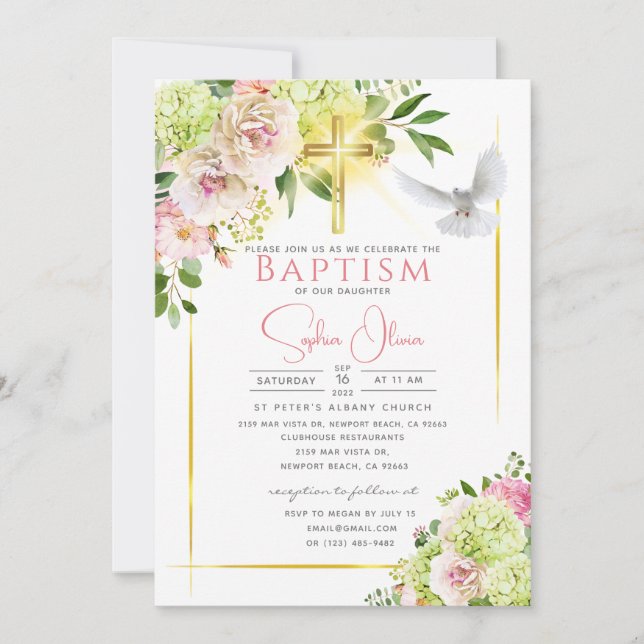 Elegante Rosa Aquarell Flora Girl Taufe Invita Einladung (Vorderseite)