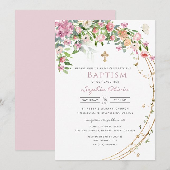 Elegante Rosa Aquarell Flora Girl Taufe Invita Einladung (Vorne/Hinten)