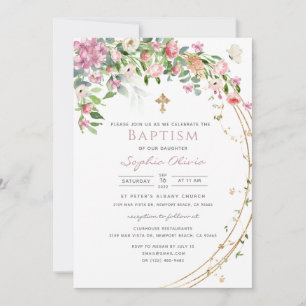 Elegante Rosa Aquarell Floral Girl Taufe Invit Einladung