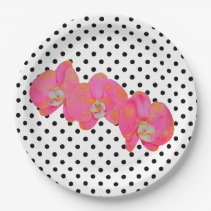 Elegante Rosa Aquarell Orchideen   Polka-Punkte Pappteller