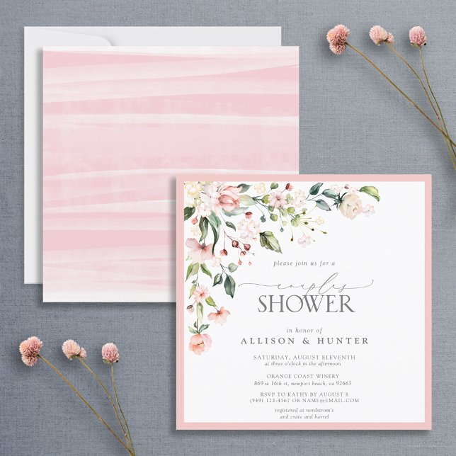 Elegante rosa Aquarellfarben Blumenpaare Dusche Einladung (Von Creator hochgeladen)