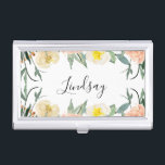 Elegante rosa Aquarellfarben mit Namen Visitenkarten Dose<br><div class="desc">Mit den schönen pfirsich- und cremefarbenen Aquarellfarben-Blume und Ihrem Namen ist Ihr Name ein kalligraphisches Drehbuch,  dieser Visitenkartenhalter wird sicher ein Blickfang sein,  wann immer Sie es sehen.</div>