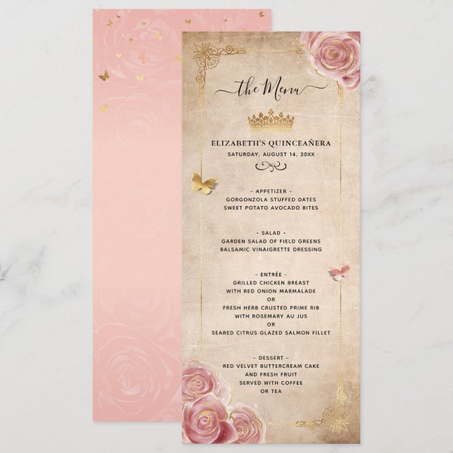 Elegante Rosa Aquarellfarben Rose Gold Flora Menükarte (Vorne/Hinten)