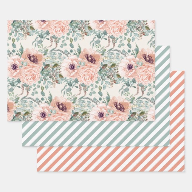 Elegante rosa Aquarelltöne Grüne Streifen Geschenkpapier Set (Set)