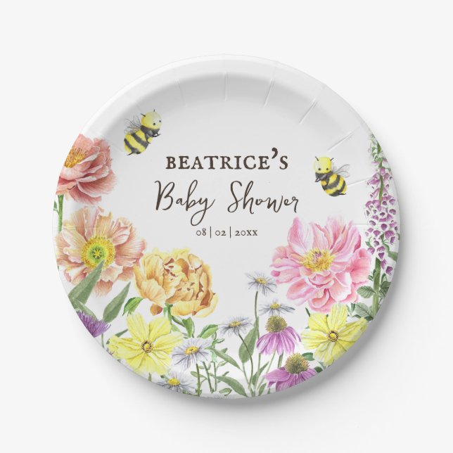 Elegante Rosa Biene und Wildblume Babydusche Pappteller (Vorderseite)