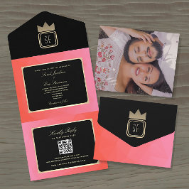 Elegante Rosa Black Gold Monogram Wedding Einladun All In One Einladung
