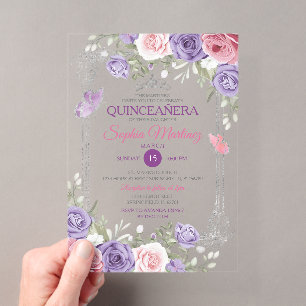 Elegante Rosa Bläserblume Silber Lila Girl Quincea Acryleinladungen