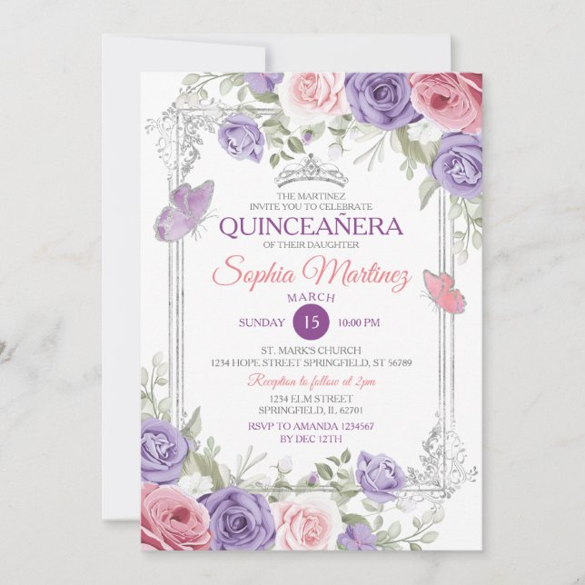 Elegante Rosa Bläserblume Silber Lila Girl Quincea Einladung (Vorderseite)