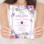 Elegante Rosa Bläserblume Silber Lila Girl Quincea Einladung<br><div class="desc">EDITABLE Elegant Pink Floral Silver Lila Girl Quinceañera Einladung Elegant Girl 15 Anos Mis Quince,  Butterfly 16. Geburtstag Einladend Rosa und Lila mexikanische Prinzessin Mis XV Anos</div>
