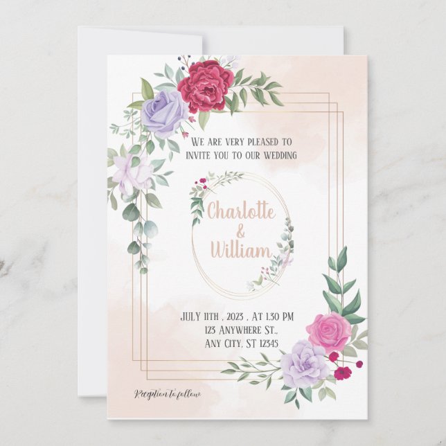 Elegante Rosa Bläserblüte Goldene Hochzeit Einladu Einladung (Vorderseite)