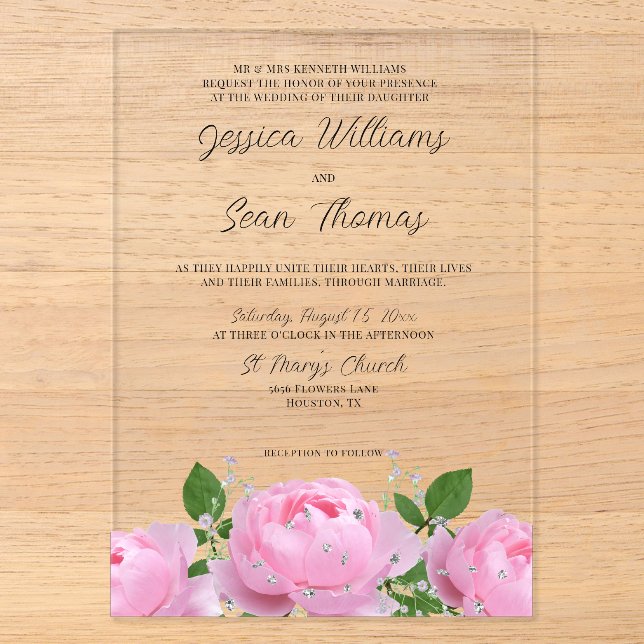 Elegante Rosa Bläserne Hochzeitsakrale Einladungen (Vorderseite)