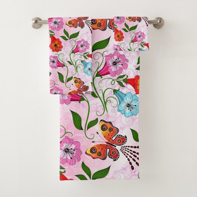 Elegante rosa blaue Blumen und Schmetterling Badhandtuch Set (Insitu)