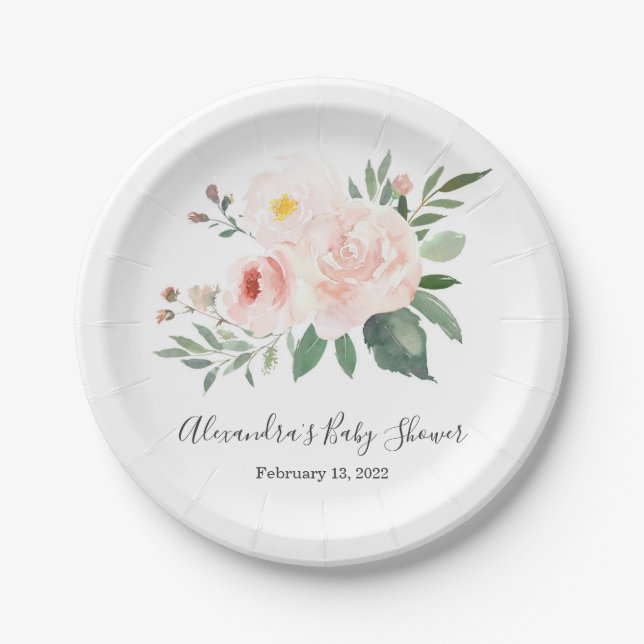 Elegante Rosa Bloral Babydusche Pappteller (Vorderseite)