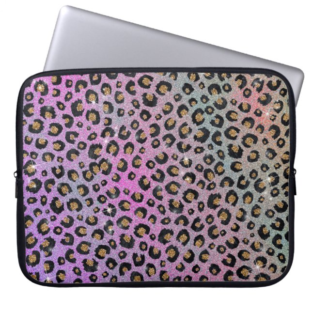 Elegante Rosa Blue Gold Glitzer Black Leopard Prin Laptopschutzhülle (Vorderseite)