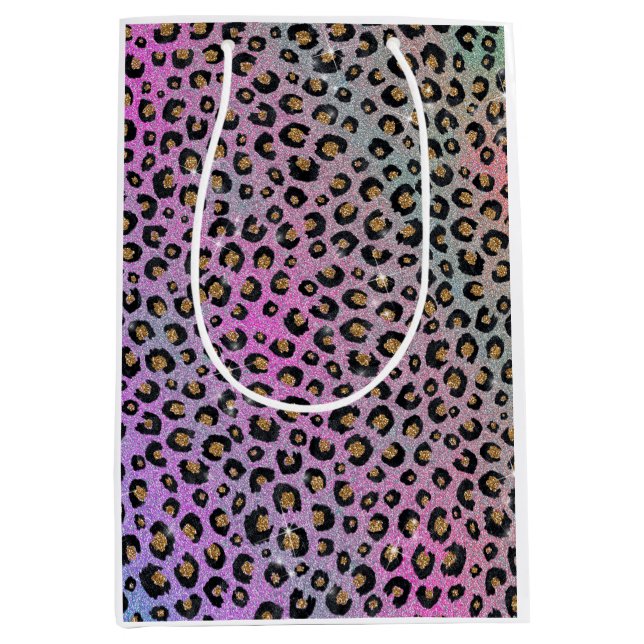 Elegante Rosa Blue Gold Glitzer Black Leopard Prin Mittlere Geschenktüte (Vorderseite)