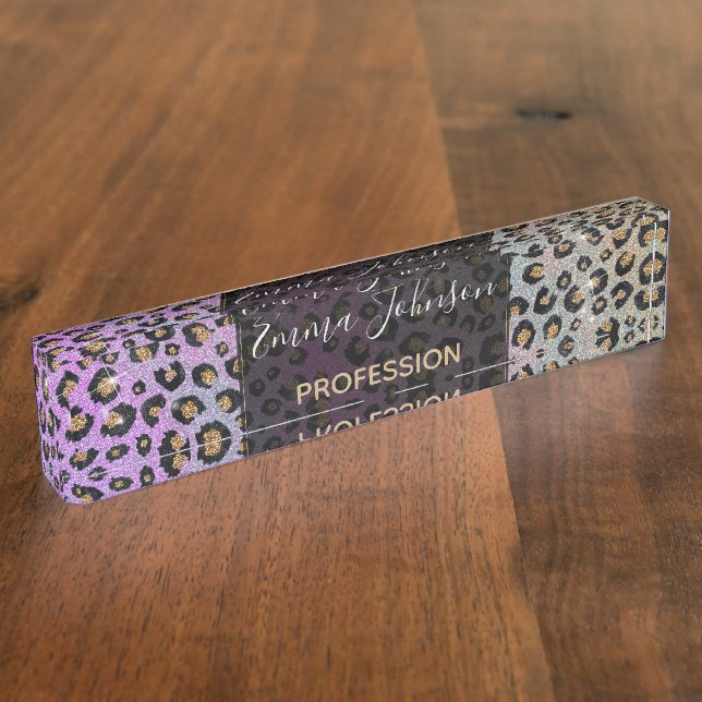 Elegante Rosa Blue Gold Glitzer Black Leopard Prin Namensplakette (Seite)