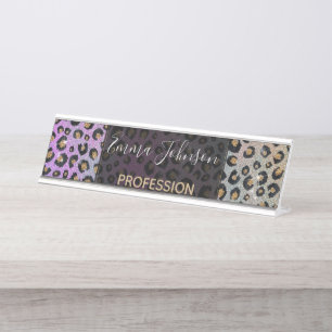 Elegante Rosa Blue Gold Glitzer Black Leopard Prin Schreibtischnamensplakette
