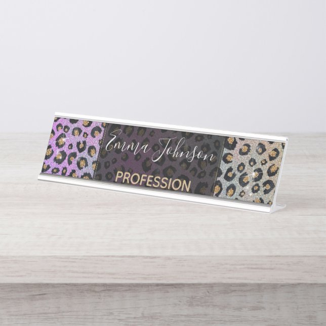 Elegante Rosa Blue Gold Glitzer Black Leopard Prin Schreibtischnamensplakette (Vorderseite )