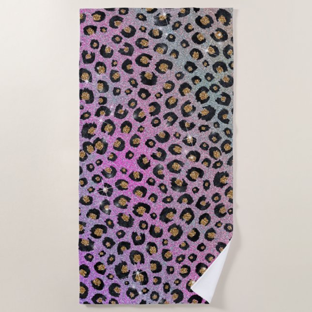 Elegante Rosa Blue Gold Glitzer Black Leopard Prin Strandtuch (Vorderseite)