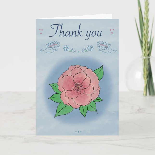 Elegante rosa Blume auf blau geklappt Danke Karte (Vorderseite)