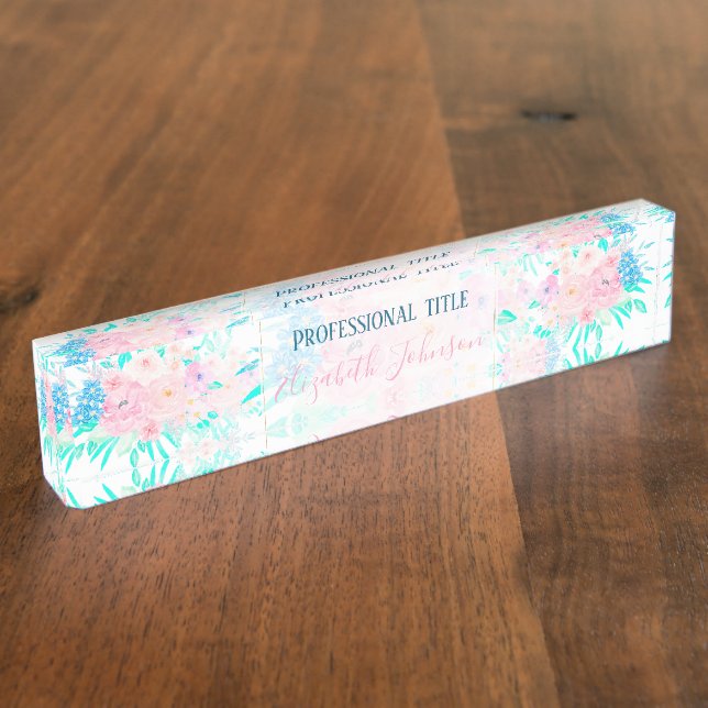 Elegante Rosa Blume Bloral Namensplakette (Seite)