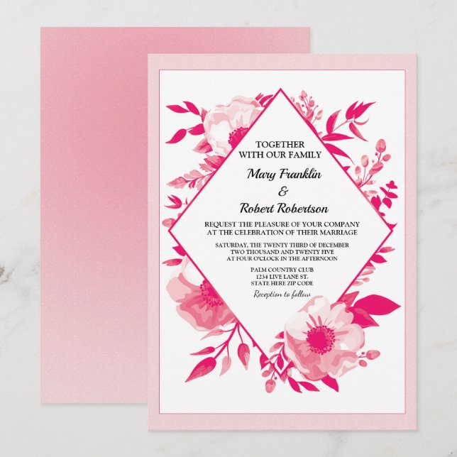 Elegante rosa Blume Diamond Wedding Einladung (Vorne/Hinten)