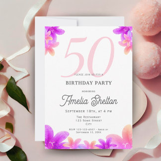 Elegante Rosa Blume Floral 50. Geburtstagsparty Einladung