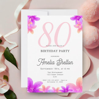Elegante Rosa Blume Floral 80. Geburtstagsparty Einladung