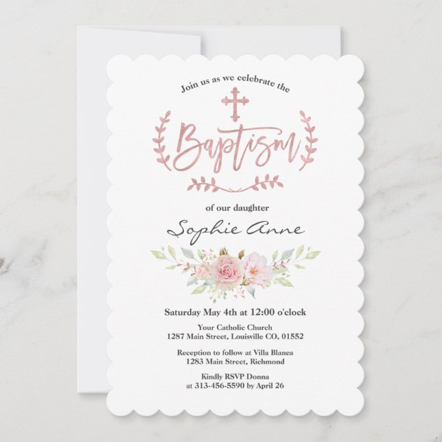 Elegante rosa Blume Rose Gold Cross Taufe Einladung (Vorderseite)