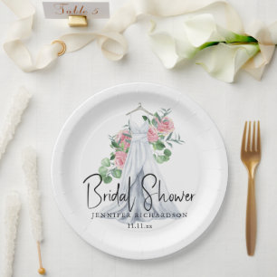 Elegante rosa Blume und Grünpflanzen - Brautparty Pappteller